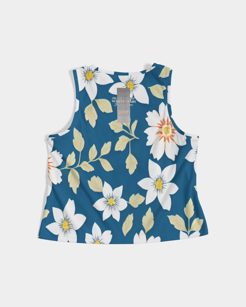 Dark blue background and white flower pattern Women's All-Over Print Cropped Tank