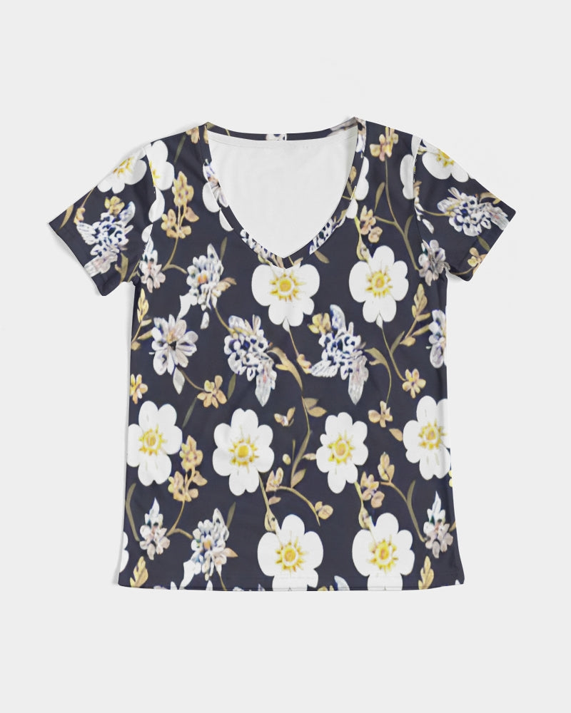 Pink flower black background Women's All-Over Print V-Neck Tee