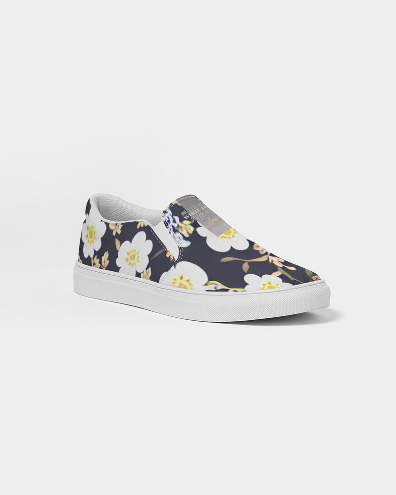 Pink flower black background Women's Slip-On Canvas Shoe