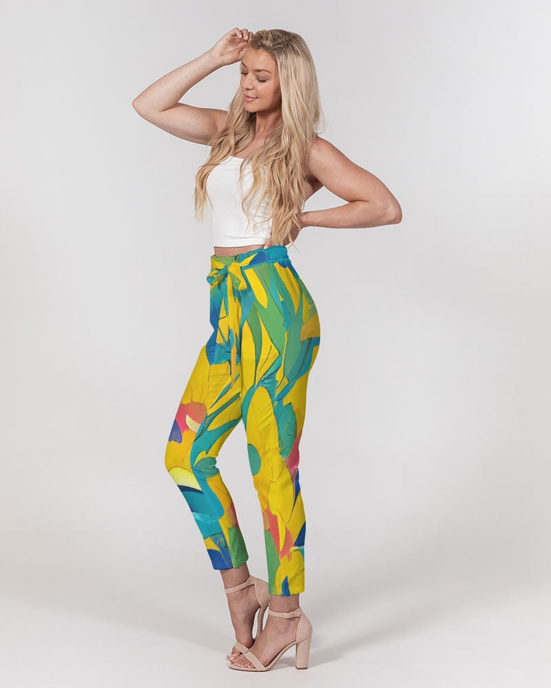 Beautiful yellow and blue hint of red pattern Women's Belted Tapered Pants