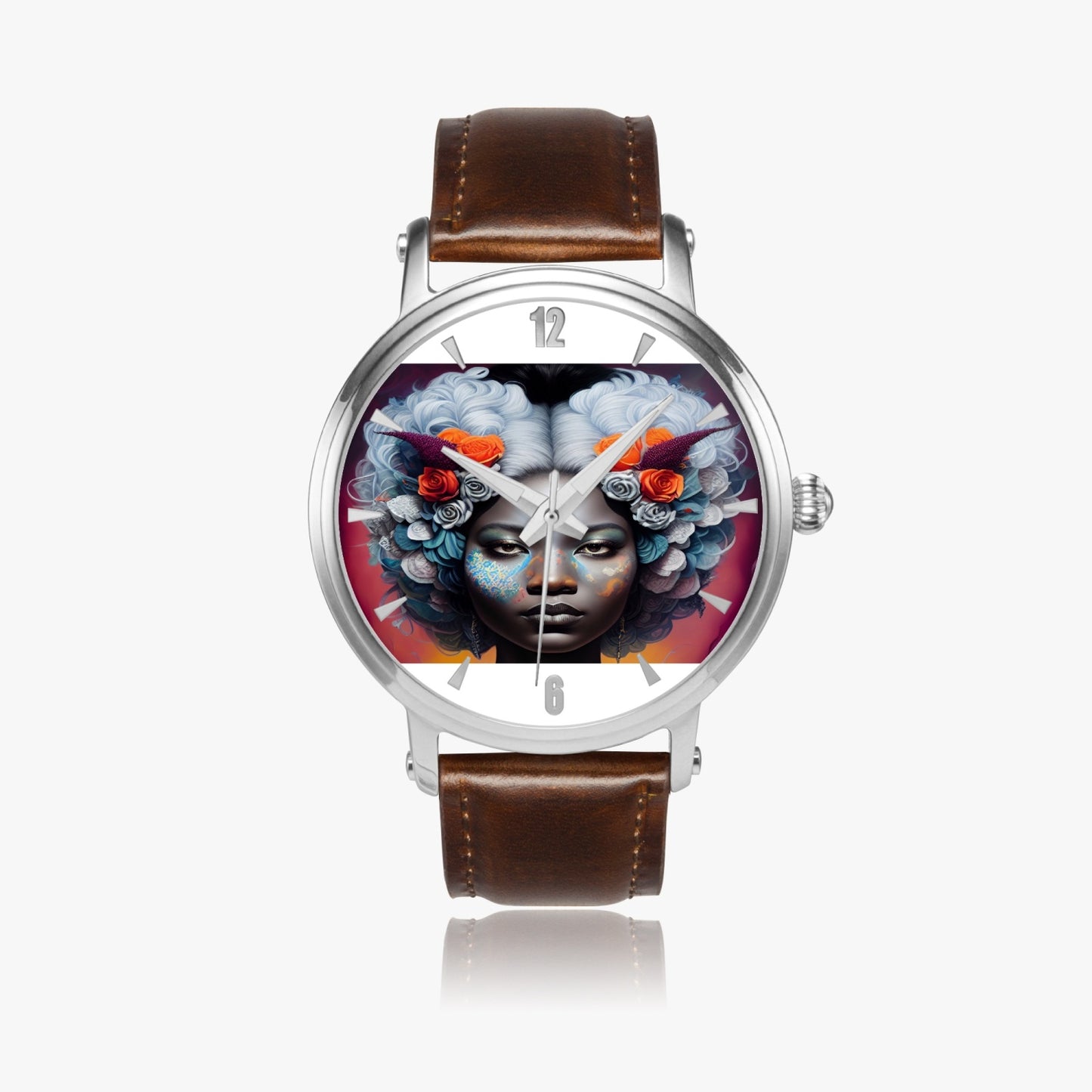 Black woman clock face Silver grey white hair inspiration 46mm Unisex Automatic Watch (Silver)