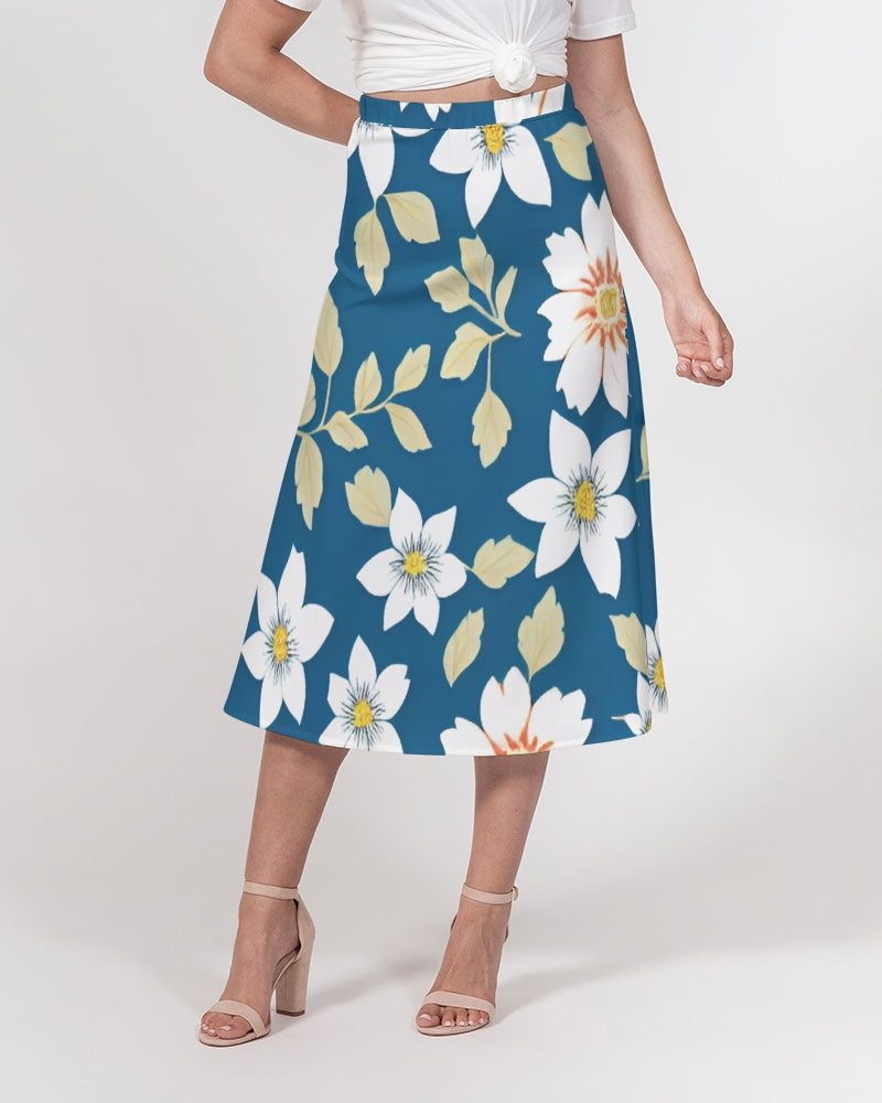 Dark blue background and white flower pattern Women's All-Over Print A-Line Midi Skirt