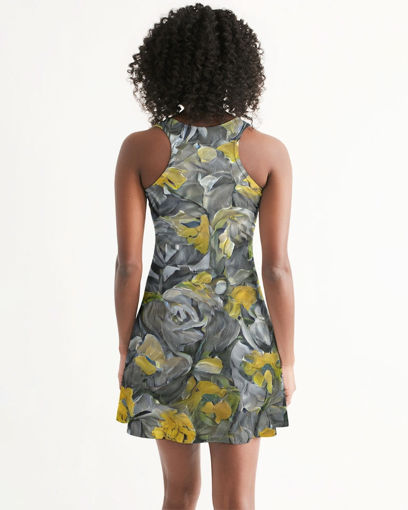 Orange and yellow and grey abstract design of Roses Women's Racerback Dress