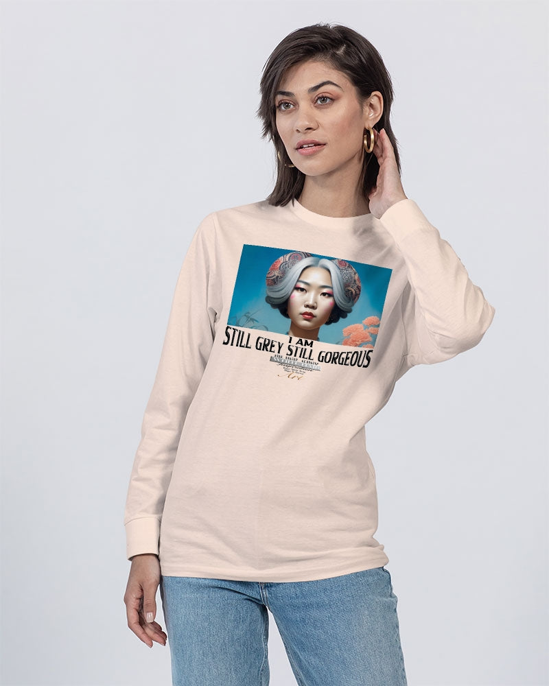 Promoting Asian women with silver grey Unisex Long Sleeve Tee | Lane Seven