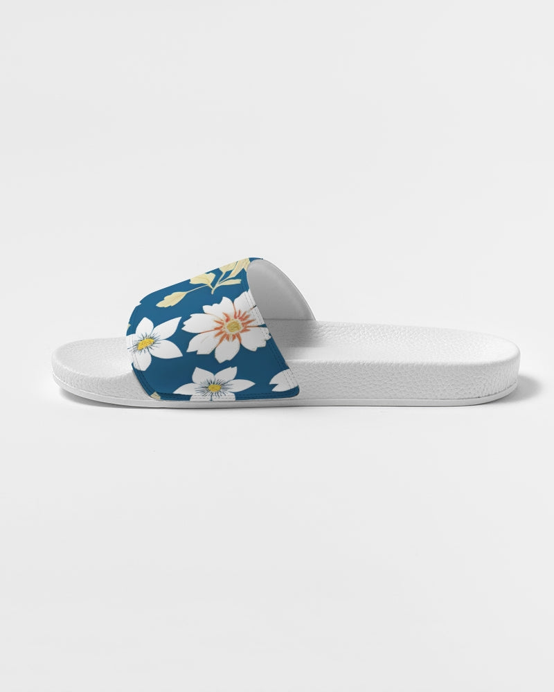 Dark blue background and white flower pattern Women's Slide Sandal