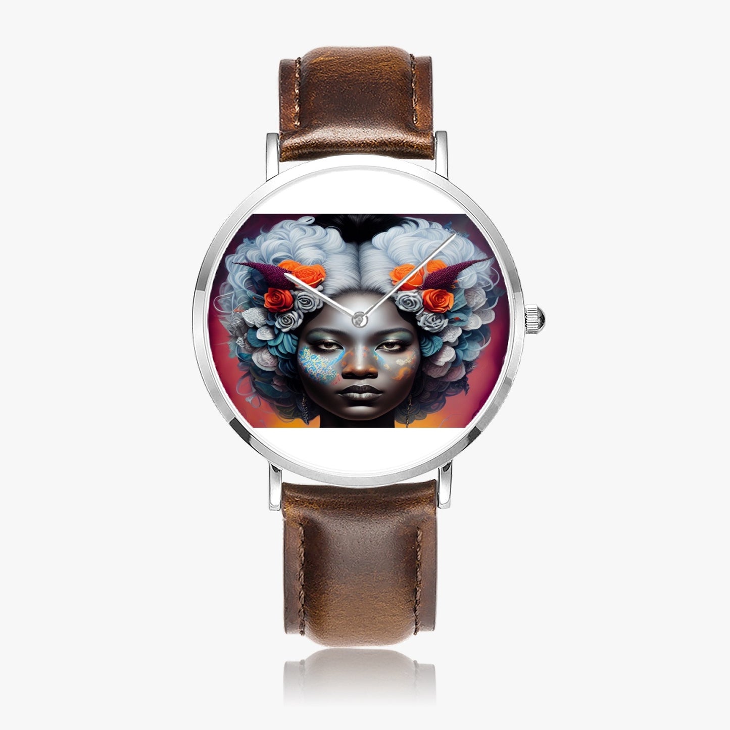 Black woman clock face Silver grey white hair inspiration Hot Selling Ultra-Thin Leather Strap Quartz Watch (Silver)