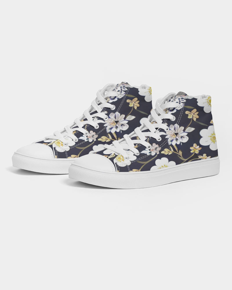 Pink flower black background Women's Hightop Canvas Shoe