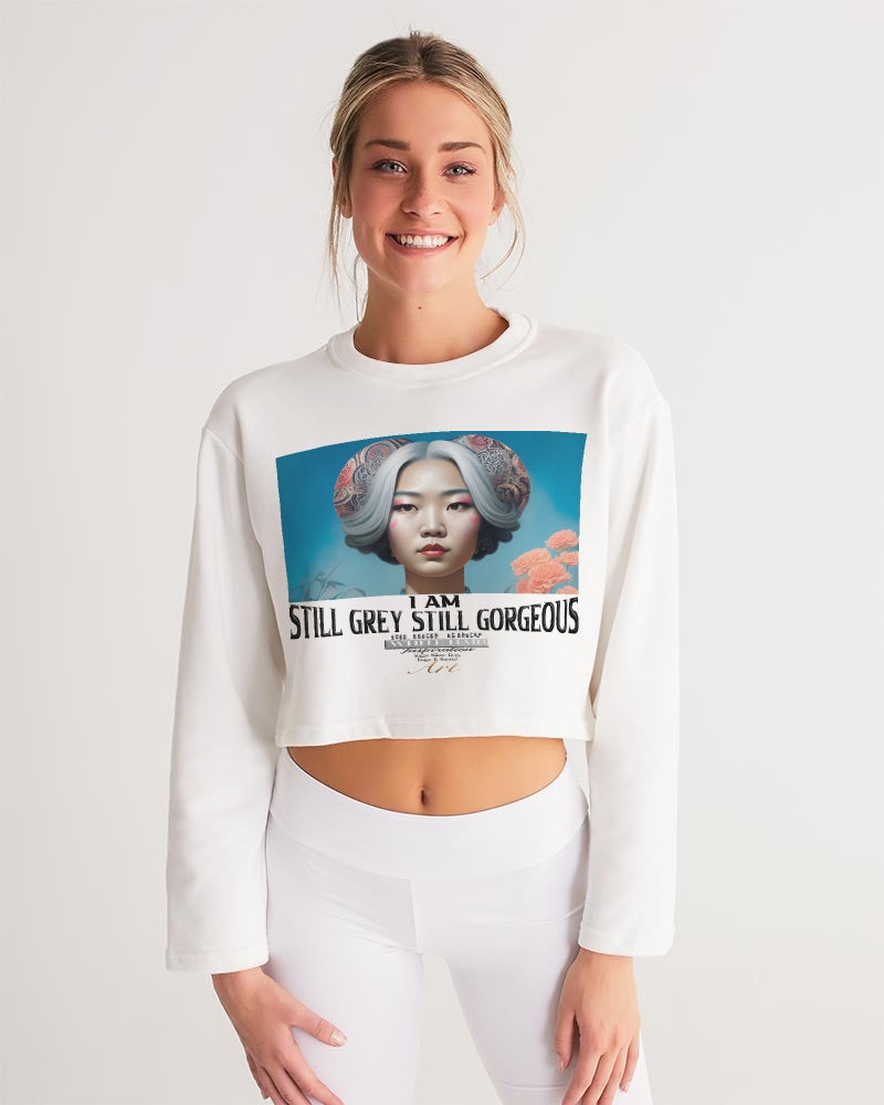 Promoting Asian women with silver grey Women's Cropped Sweatshirt