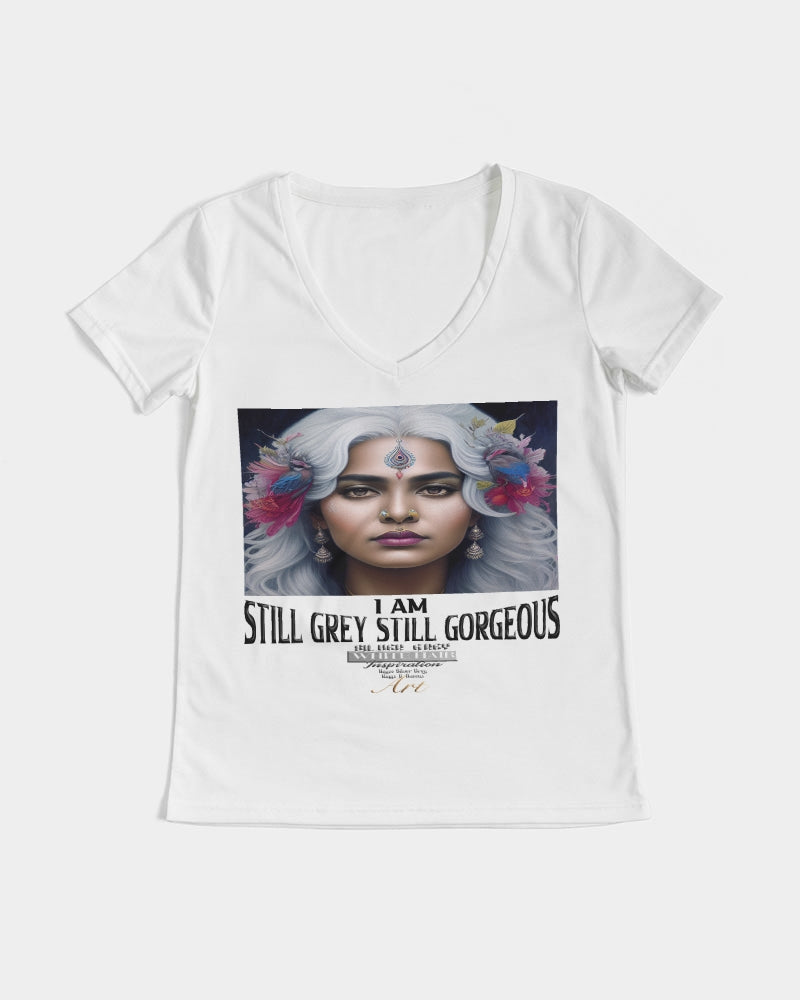 Promoting Indian women with silver grey hair Women's V-Neck Tee