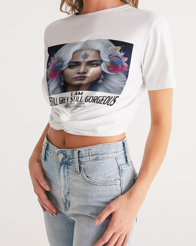 Promoting Indian women with silver grey hair Women's Twist-Front Cropped Tee