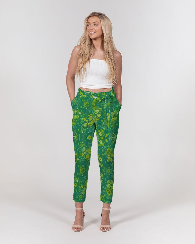 Green lush Repeat pattern Women's Belted Tapered Pants