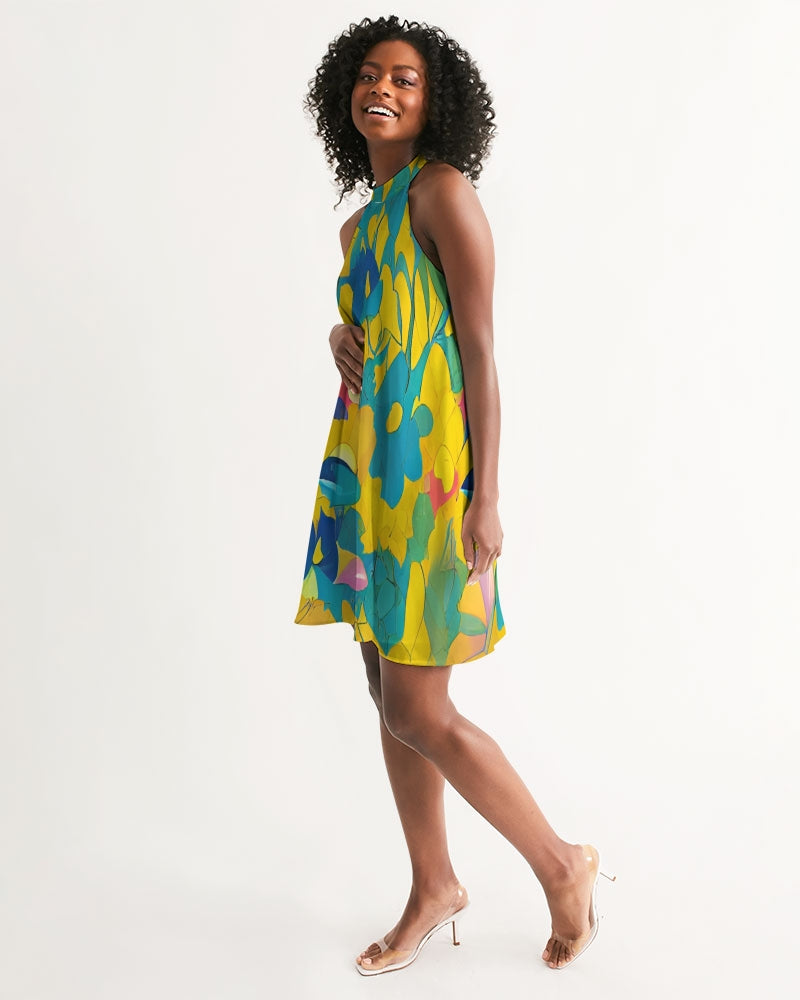 Beautiful yellow and blue hint of red pattern Women's Halter Dress