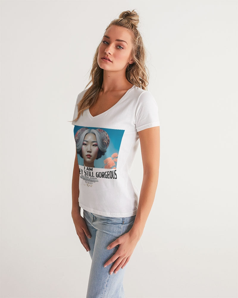 Promoting Asian women with silver grey Women's V-Neck Tee