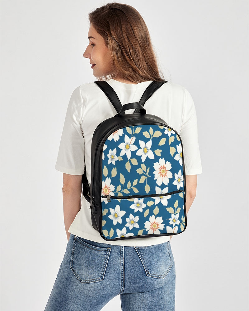 Dark blue background and white flower pattern Classic Faux Leather Backpack