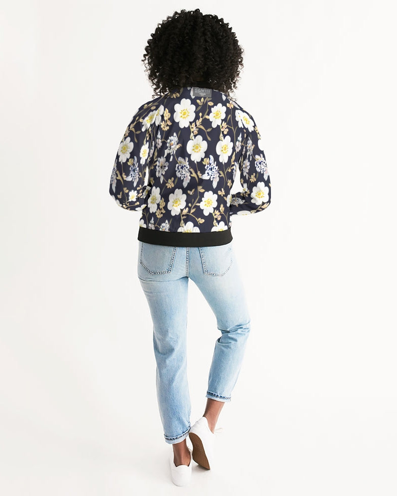 Pink flower black background Women's All-Over Print Bomber Jacket