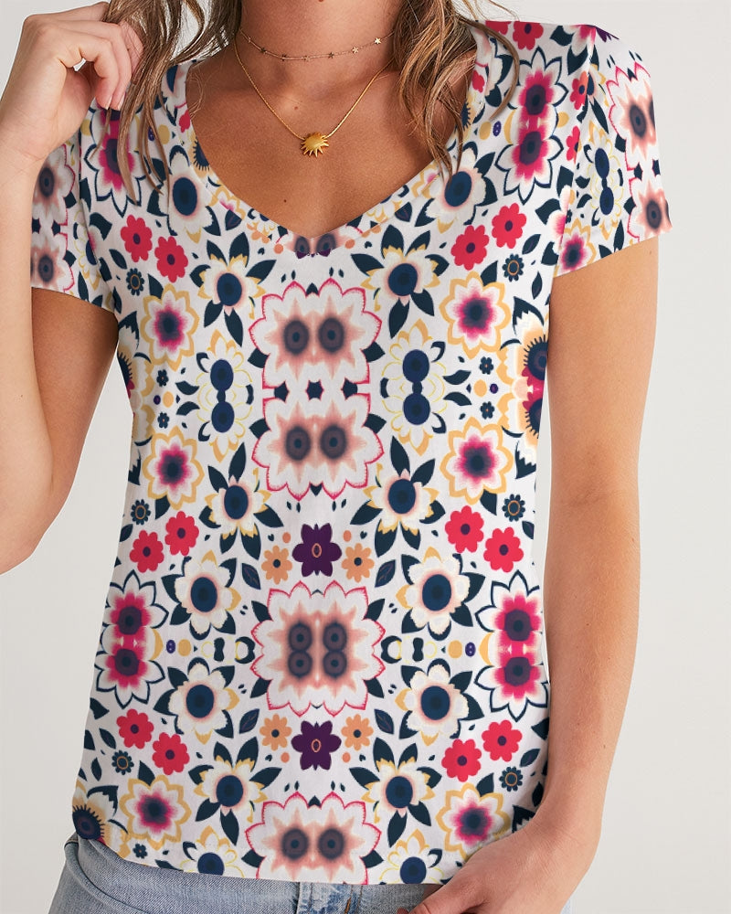 Abstract flower pattern Women's All-Over Print V-Neck Tee