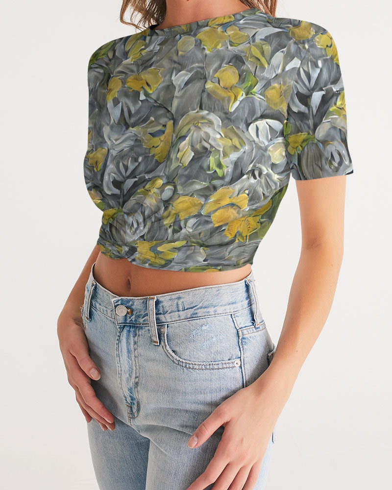 Orange and yellow and grey abstract design of Roses Women's Twist-Front Cropped Tee