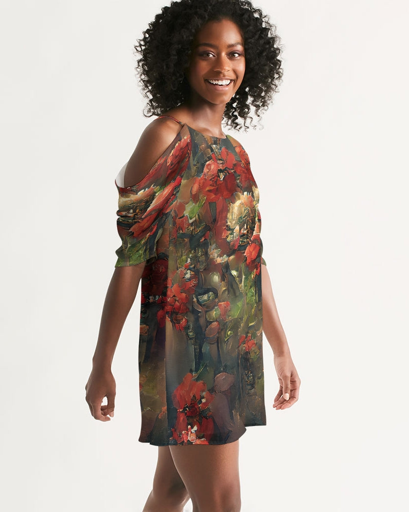 Abstract Rose design Women's Open Shoulder A-Line Dress