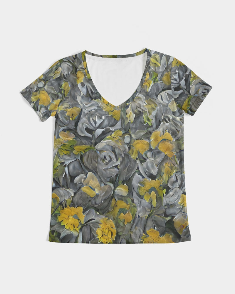 Orange and yellow and grey abstract design of Roses Women's V-Neck Tee