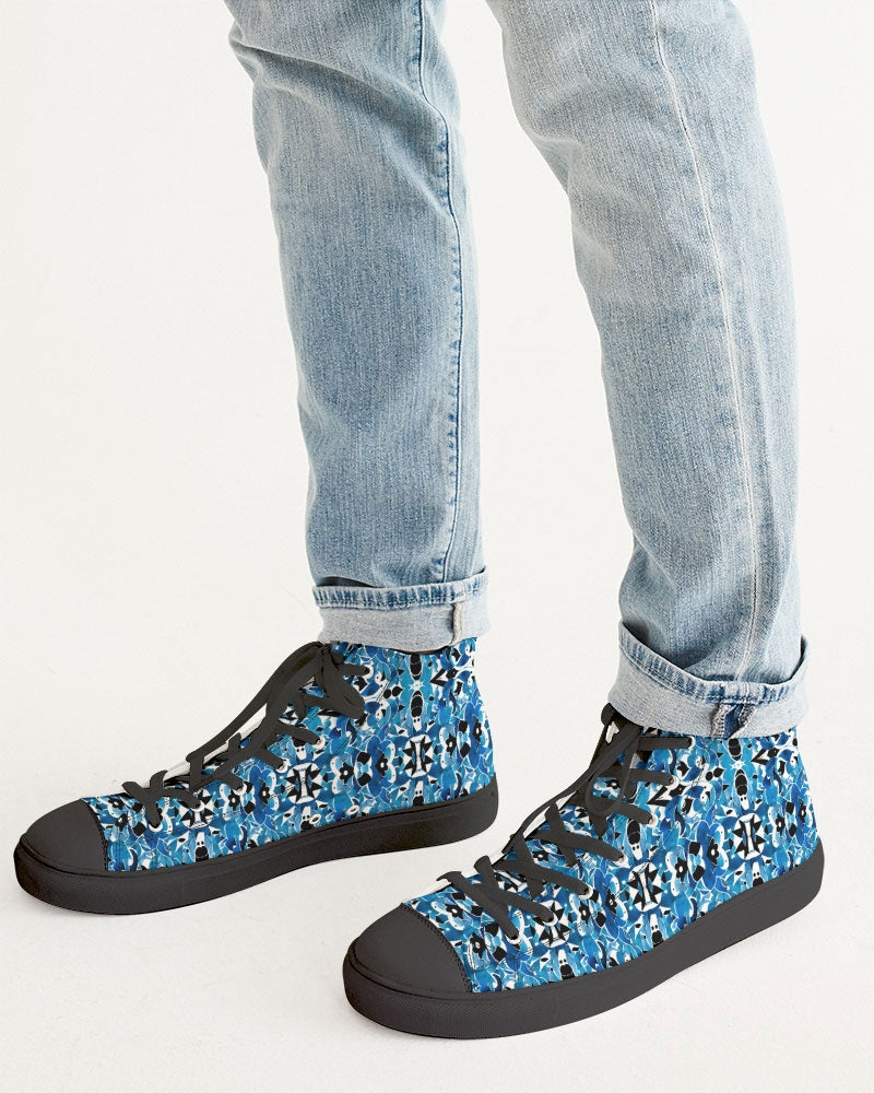 Blue Abstract pattern design Men's Hightop Canvas Shoe - Black