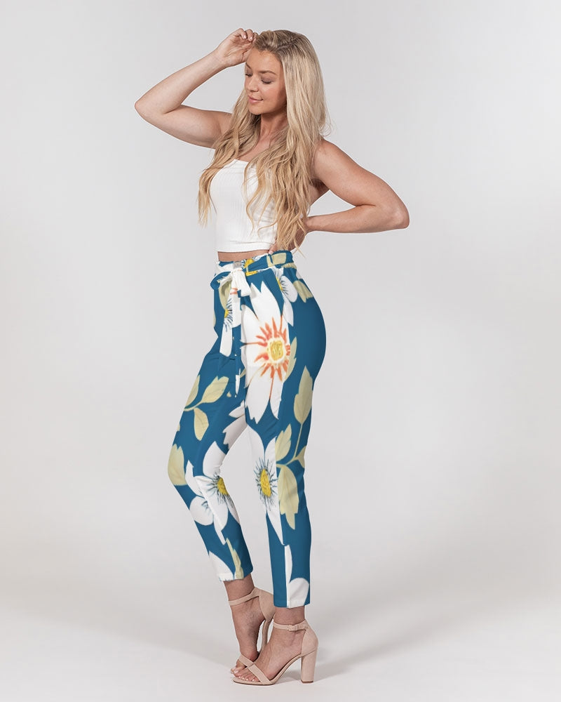 Dark blue background and white flower pattern Women's All-Over Print Belted Tapered Pants