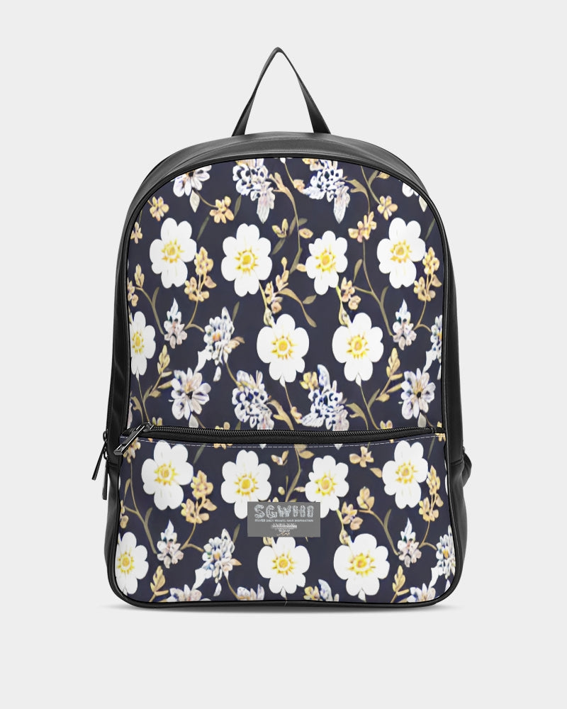 Pink flower black background Classic Faux Leather Backpack