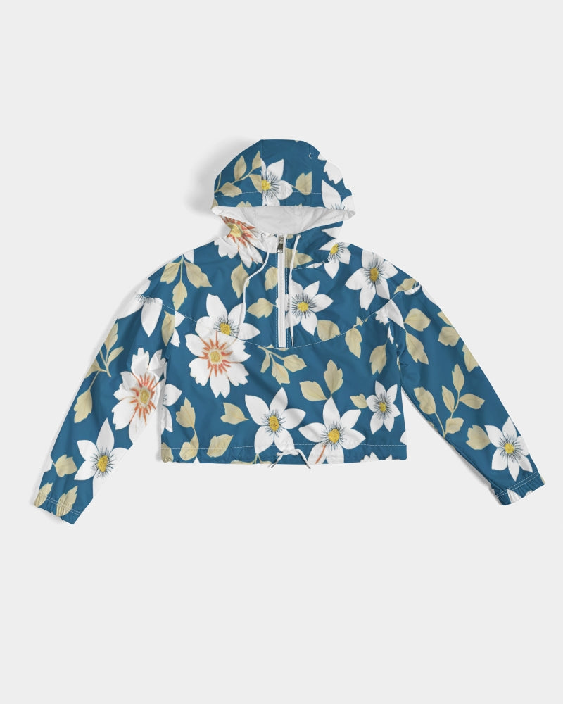 Dark blue background and white flower pattern Women's All-Over Print Cropped Windbreaker