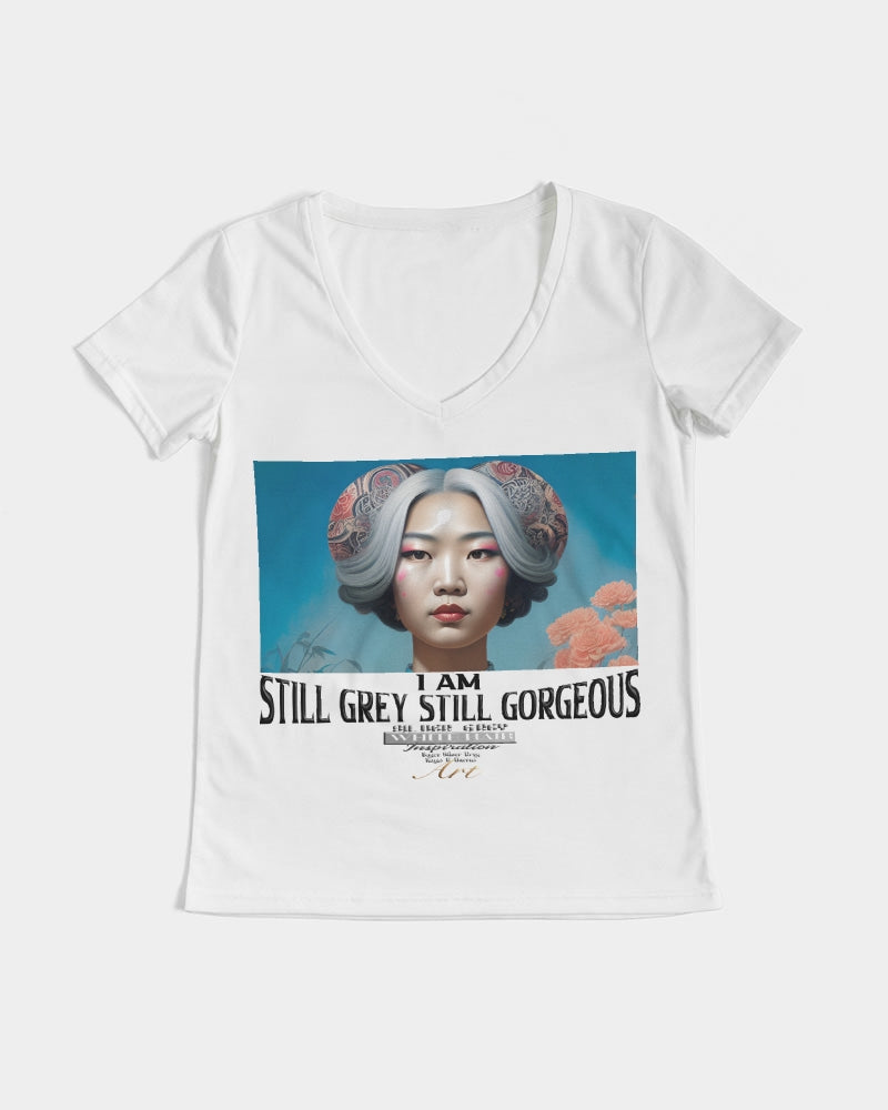 Promoting Asian women with silver grey Women's V-Neck Tee