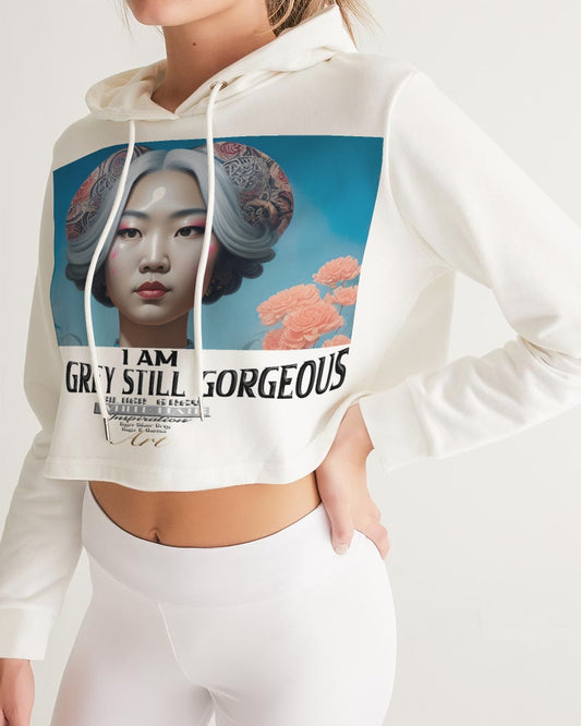 Promoting Asian women with silver grey Women's Cropped Hoodie