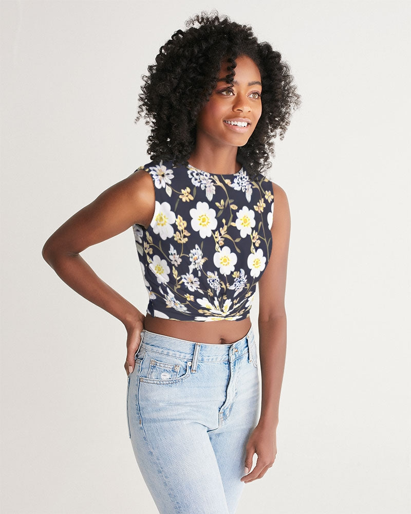 Pink flower black background Women's  All-Over Print Twist-Front Tank