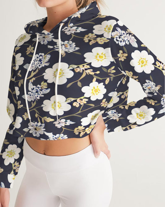 Pink flower black background Women's All-Over Print Cropped Hoodie