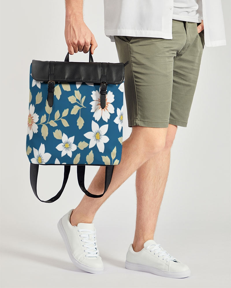 Dark blue background and white flower pattern Casual Flap Backpack