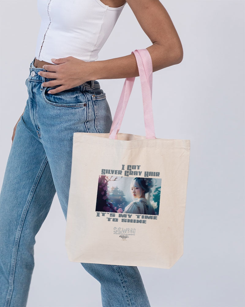 Asian sister with silver grey hair Canvas Tote with Contrast-Color Handles | Q-Tees