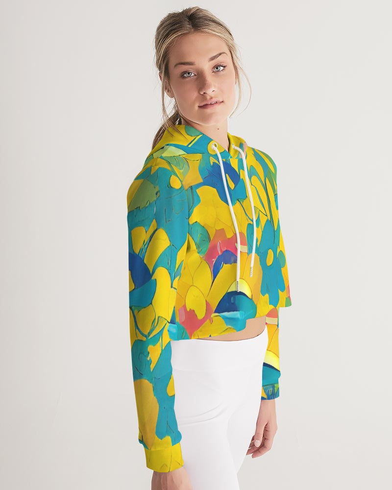 Beautiful yellow and blue hint of red pattern Women's Cropped Hoodie