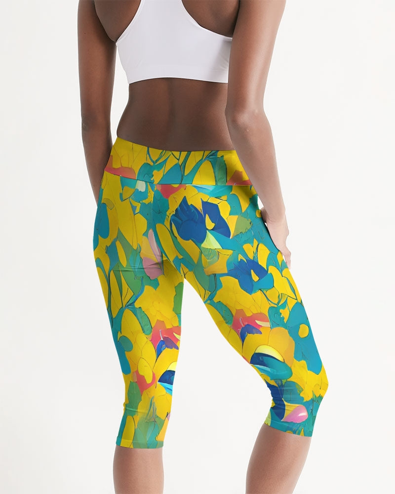 Beautiful yellow and blue hint of red pattern Women's Mid-Rise Capri