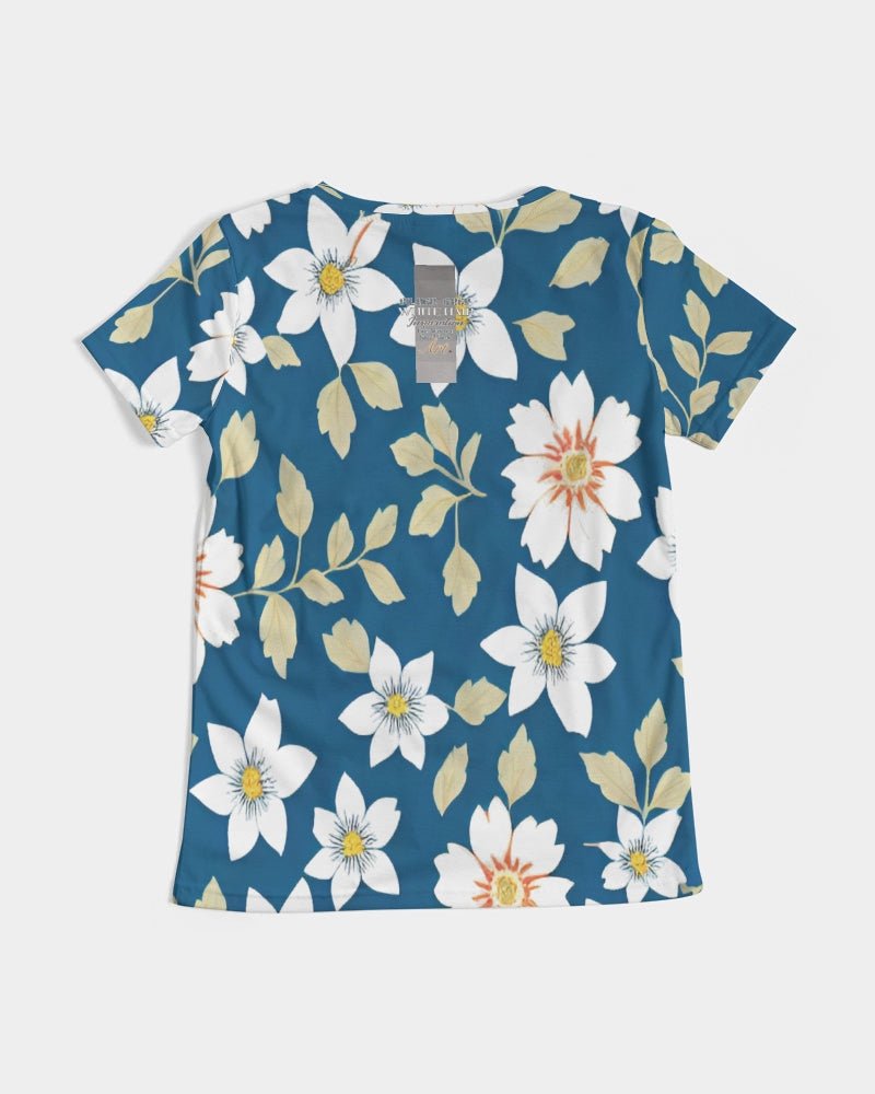 Dark blue background and white flower pattern Women's All-Over Print V-Neck Tee