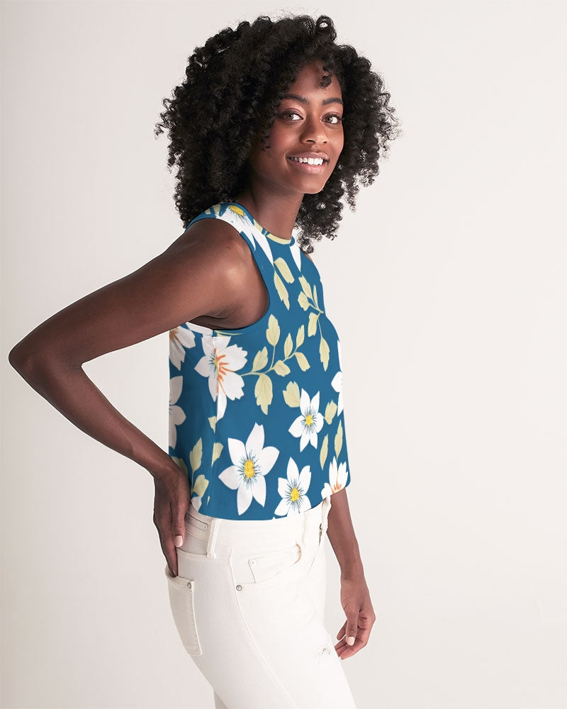 Dark blue background and white flower pattern Women's All-Over Print Cropped Tank