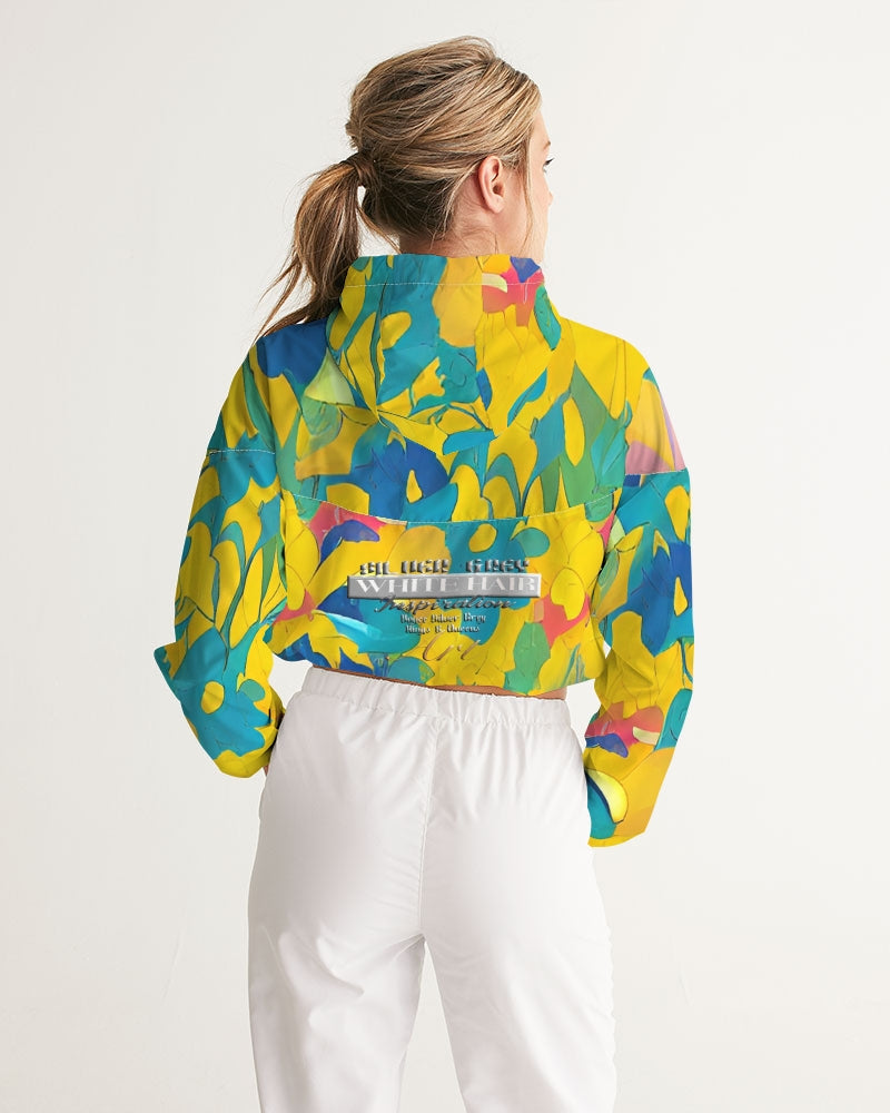 Beautiful yellow and blue hint of red pattern Women's Cropped Windbreaker