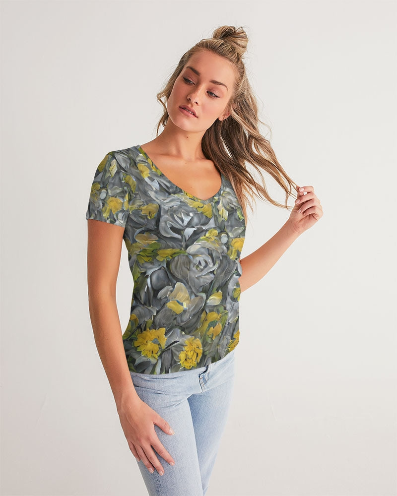 Orange and yellow and grey abstract design of Roses Women's V-Neck Tee