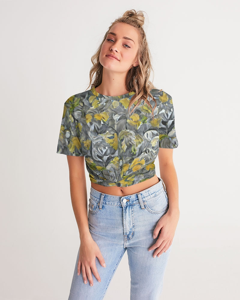 Orange and yellow and grey abstract design of Roses Women's Twist-Front Cropped Tee