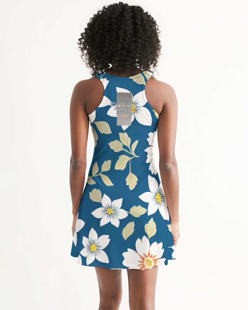 Dark blue background and white flower pattern Women's All-Over Print Racerback Dress