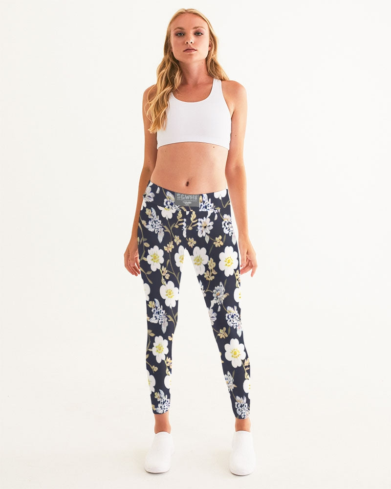 Pink flower black background Women's All-Over Print Yoga Pants