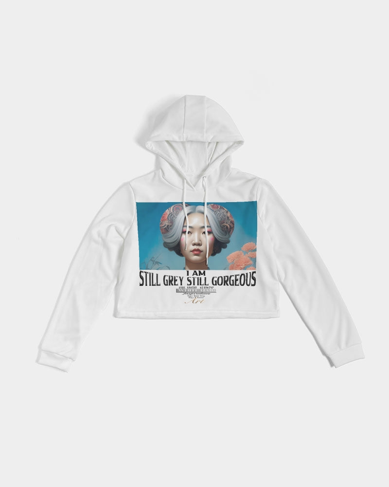 Promoting Asian women with silver grey Women's Cropped Hoodie