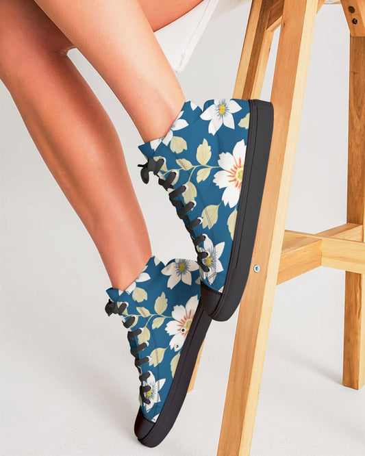 Dark blue background and white flower pattern Women's Hightop Canvas Shoe - Black