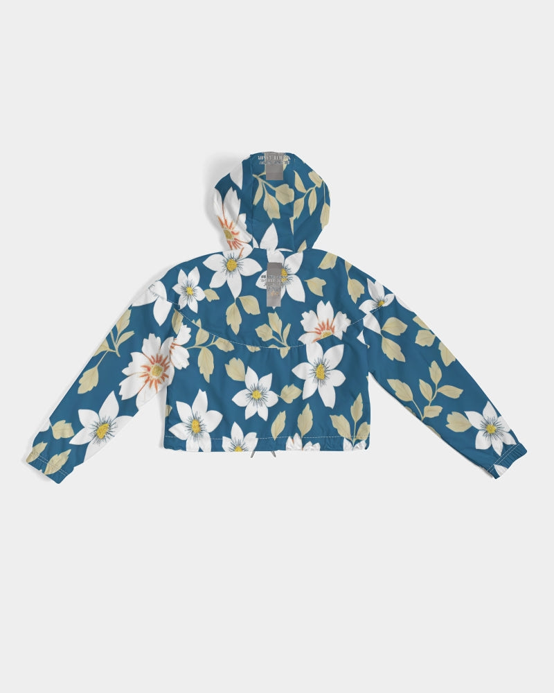 Dark blue background and white flower pattern Women's All-Over Print Cropped Windbreaker