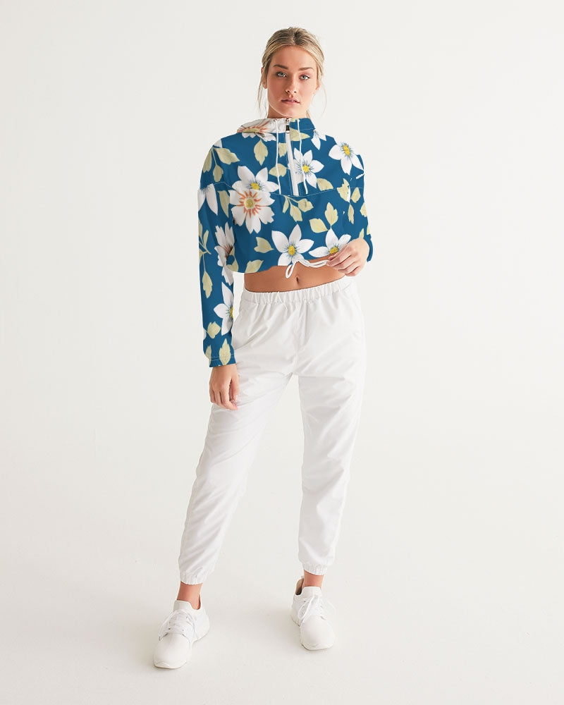 Dark blue background and white flower pattern Women's All-Over Print Cropped Windbreaker