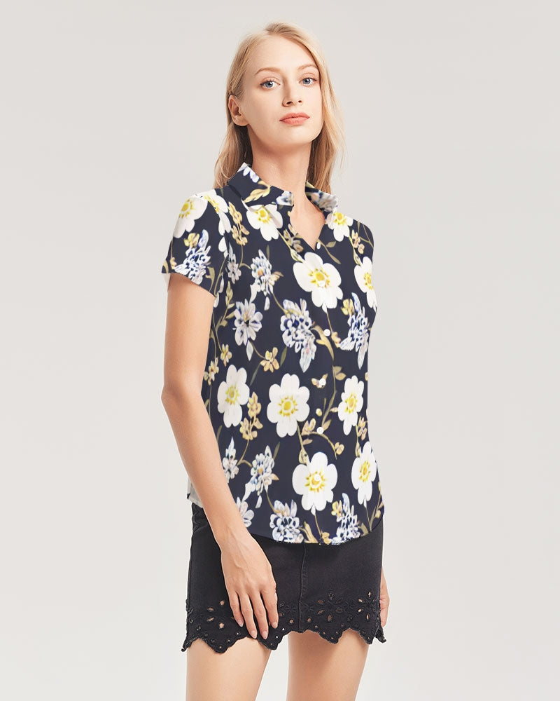 Pink flower black background Women's All-Over Print Short Sleeve Button Up