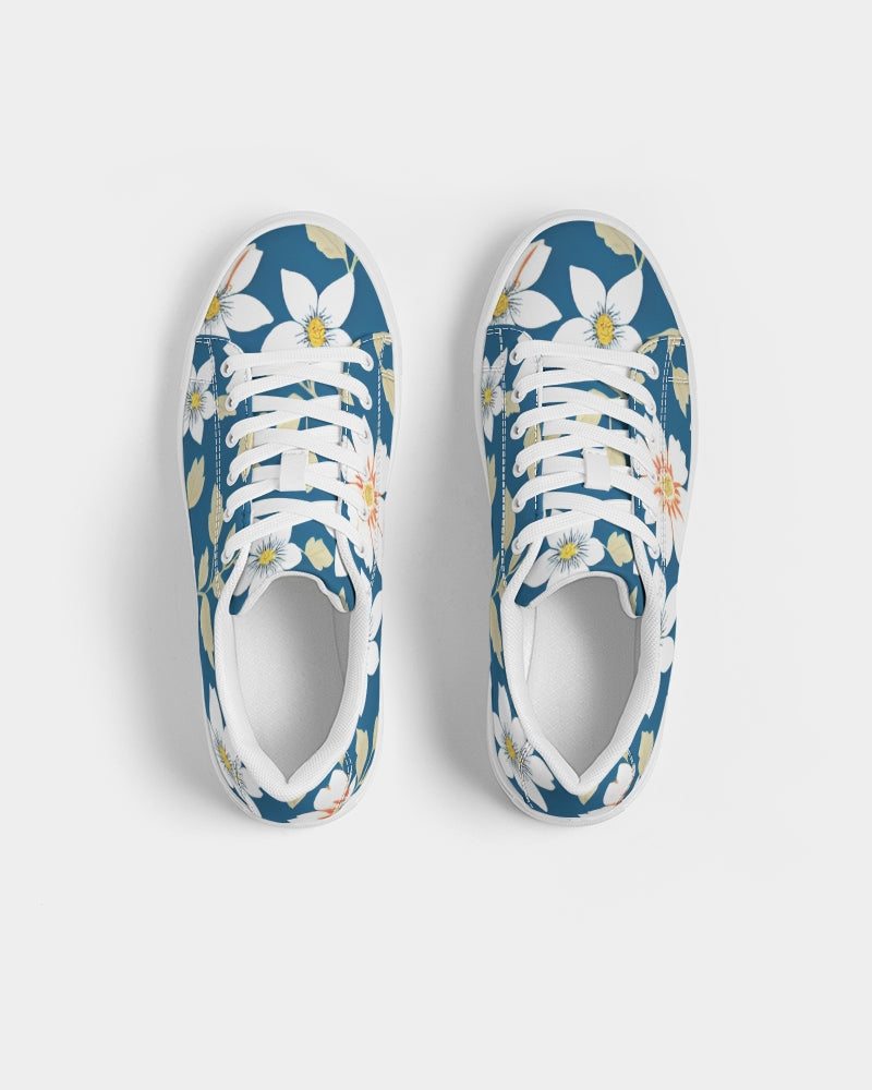 Dark blue background and white flower pattern Women's Faux-Leather Sneaker