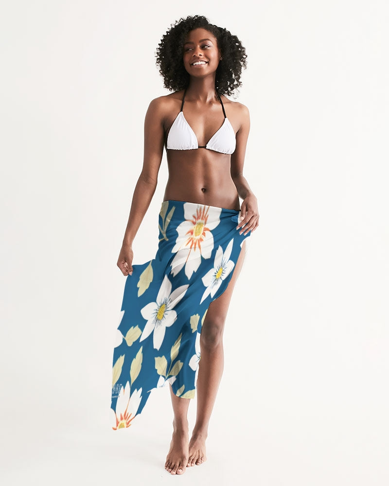 Dark blue background and white flower pattern All-Over Print Swim Cover Up