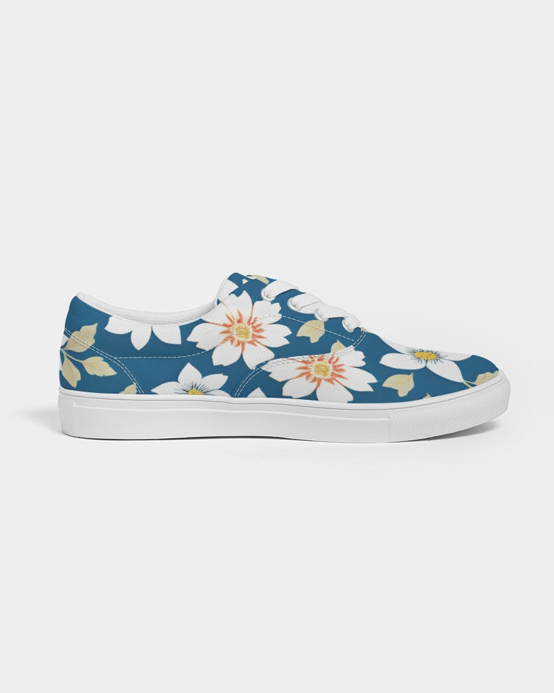 Dark blue background and white flower pattern Women's Lace Up Canvas Shoe